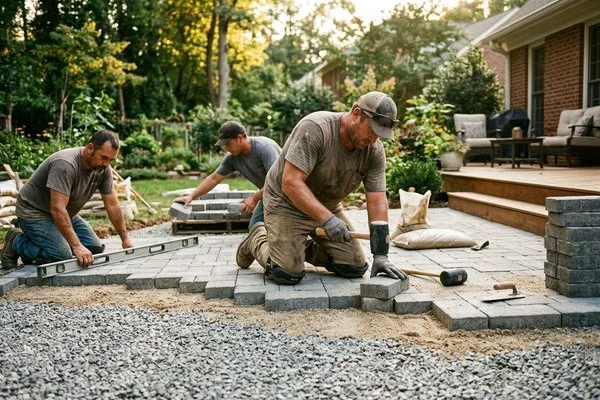 Construction crew installing paver patio