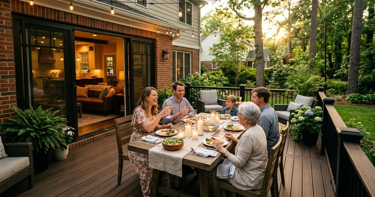 Custom multi-level composite deck overlooking a Raleigh NC backyard