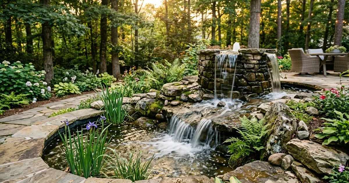 Custom natural stone water feature with cascading waterfall in Raleigh NC landscape
