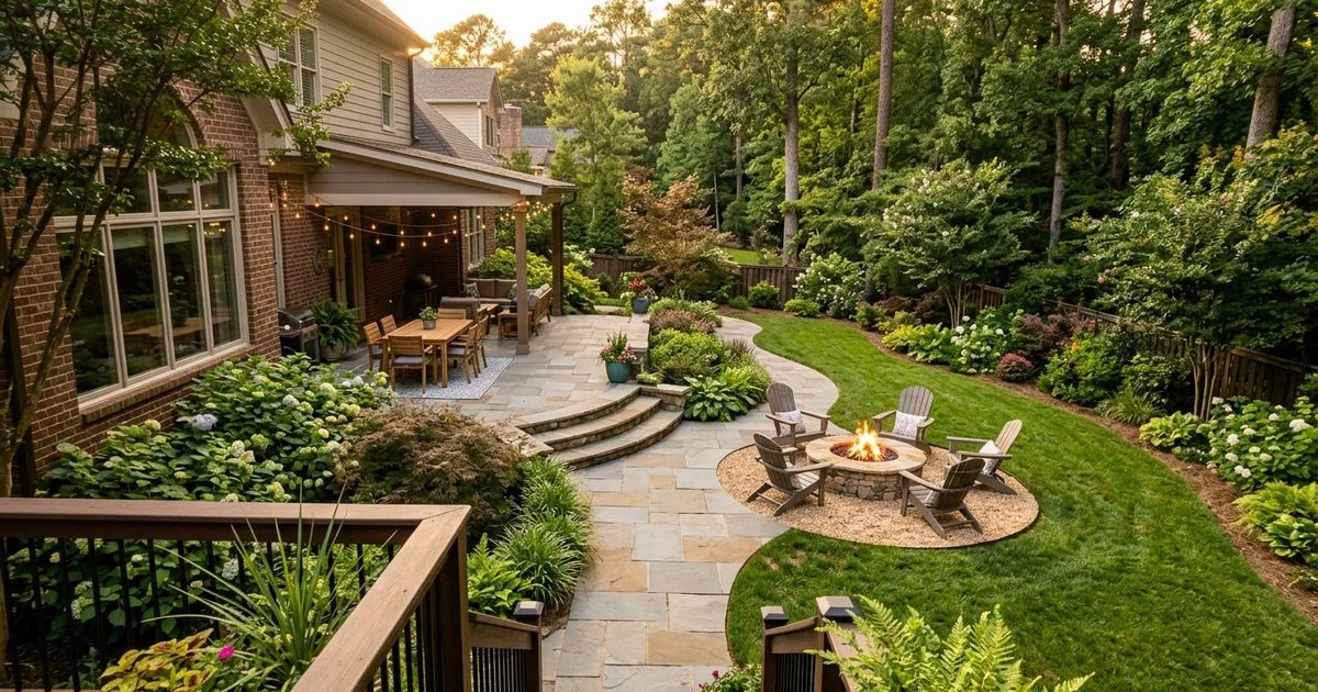 Luxury backyard design rendering showing complete outdoor living space in Raleigh NC