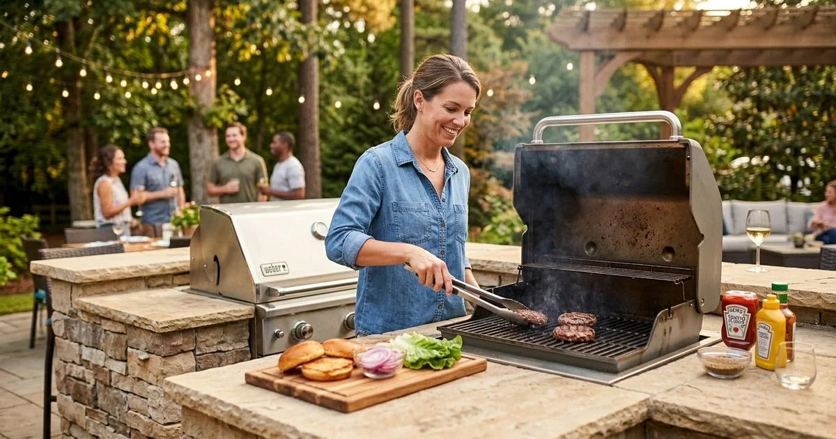 Luxury outdoor kitchen with stone countertops and built-in grill in Raleigh NC