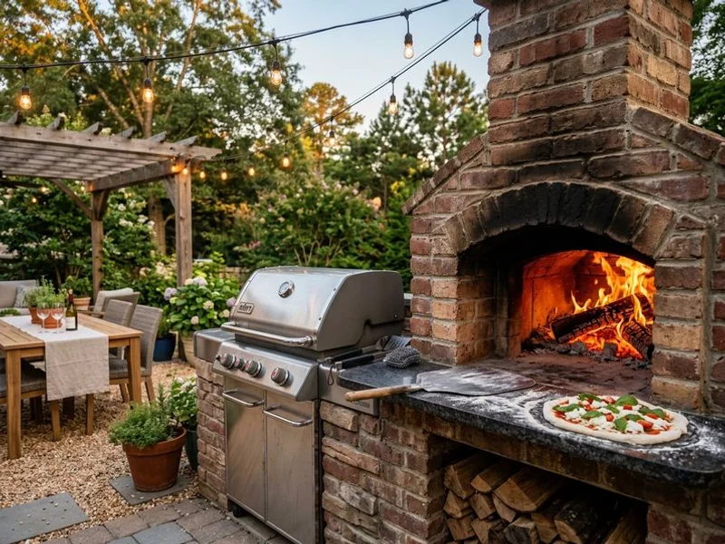 Built-in grill station with pizza oven in Raleigh outdoor kitchen