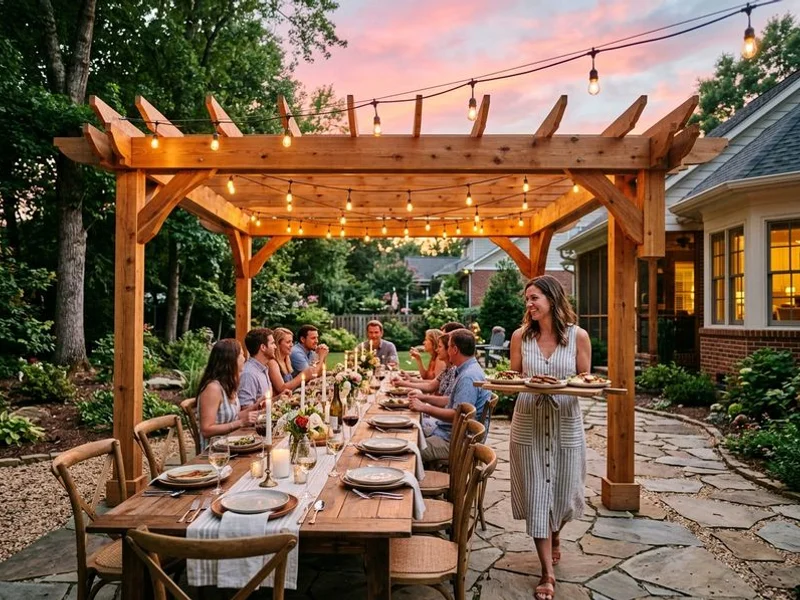 Cedar pergola over outdoor dining area in Raleigh