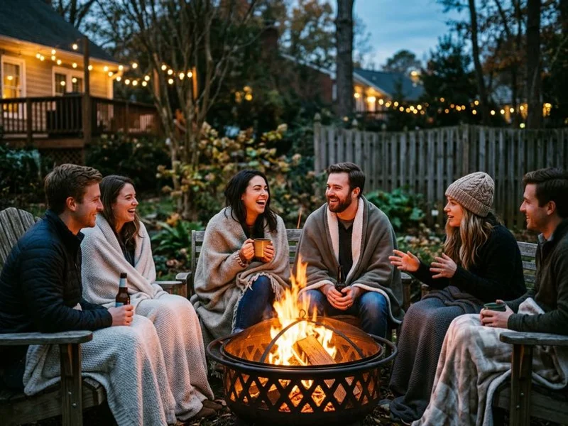 Friends gathered around fire pit on a Raleigh evening