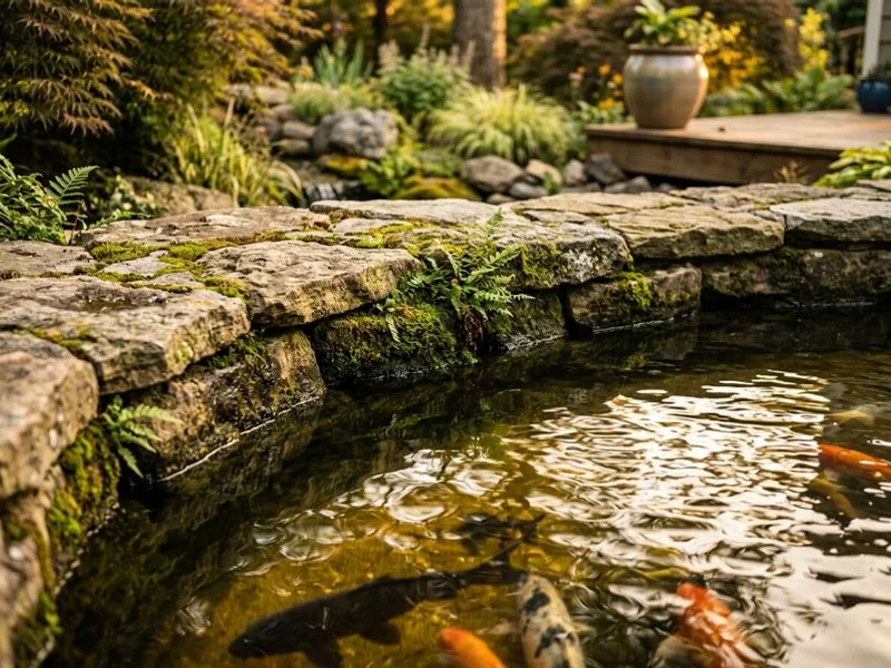 Koi pond with natural stone edges and colorful koi fish