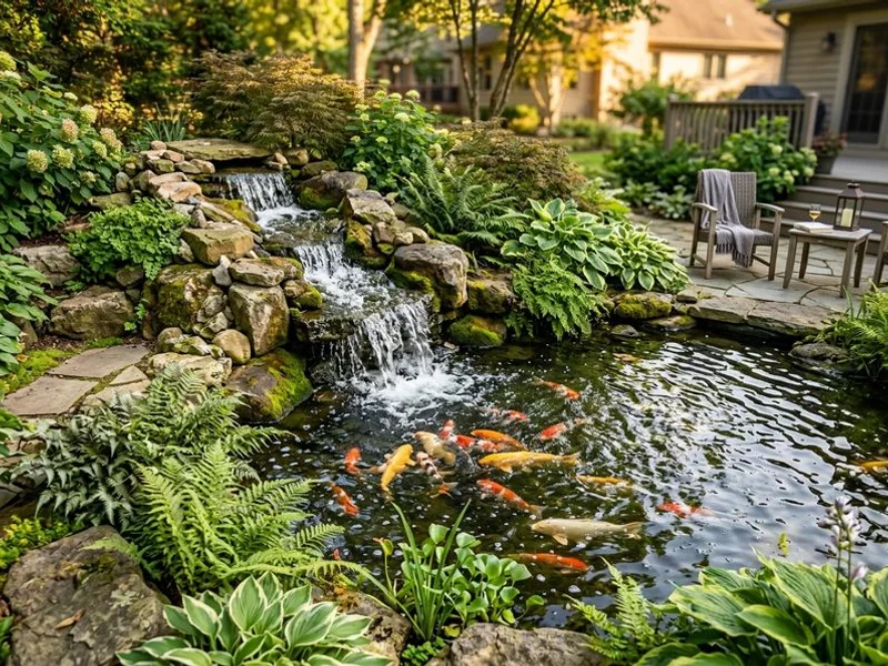 Koi pond with integrated waterfall and lush plantings