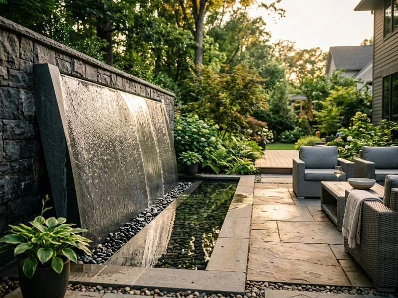 Modern stainless steel water wall on Raleigh patio