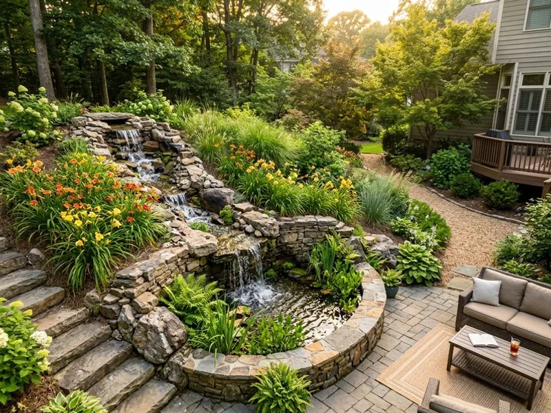 Natural stone waterfall cascading into garden pool in Raleigh