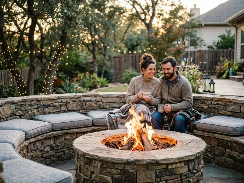 Natural stone fire pit with curved seating wall in Raleigh