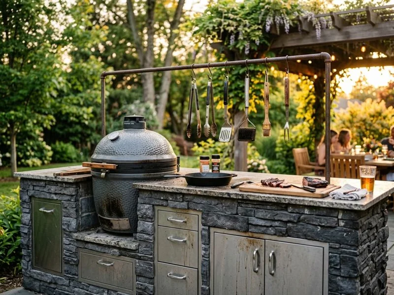 Natural stone outdoor kitchen island with sink and storage