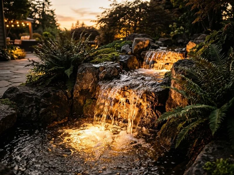 Water feature with color-changing underwater lighting