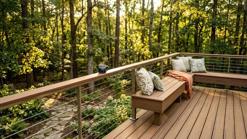 Beautiful completed composite deck with cable railings and integrated bench seating overlooking a wooded Raleigh backyard