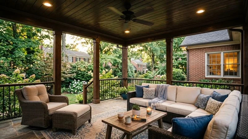 Completed covered patio with ceiling fan lighting and outdoor furniture showing final inspection approval tag in Raleigh neighborhood