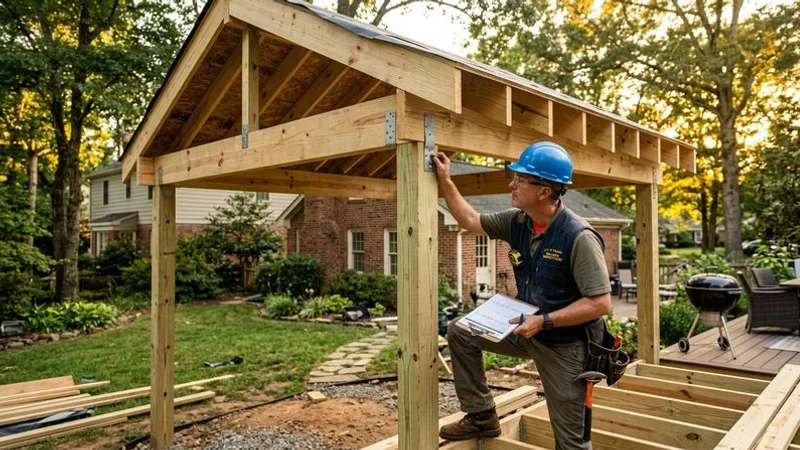 Covered patio structure under construction showing framing inspection stage with county building inspector reviewing structural connections