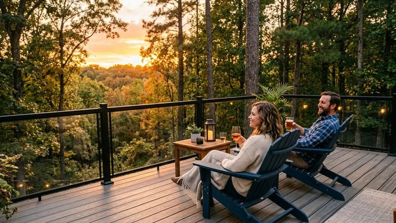 Elevated composite deck with panoramic view of wooded Raleigh backyard at sunset with string lights and comfortable seating