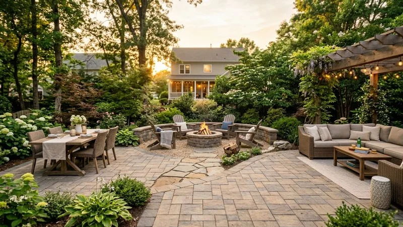 Expansive paver patio with multiple zones including dining fire pit and lounging areas flowing from a Raleigh home into the backyard