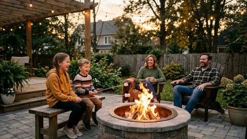 Family enjoying an evening on their outdoor patio with a fire pit and string lights in a Raleigh backyard setting