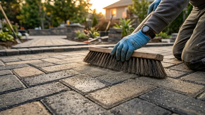 Close up detail of interlocking paver patio showing joint sand and precise installation craftsmanship