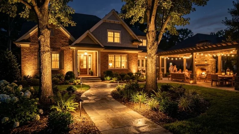 Professional landscape lighting illuminating a Raleigh home exterior, walkway, and outdoor living areas creating dramatic nighttime curb appeal