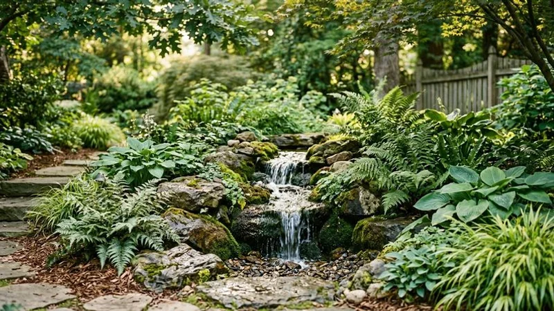 Beautifully landscaped pondless waterfall with mature ferns hostas and ornamental grasses creating a natural garden setting