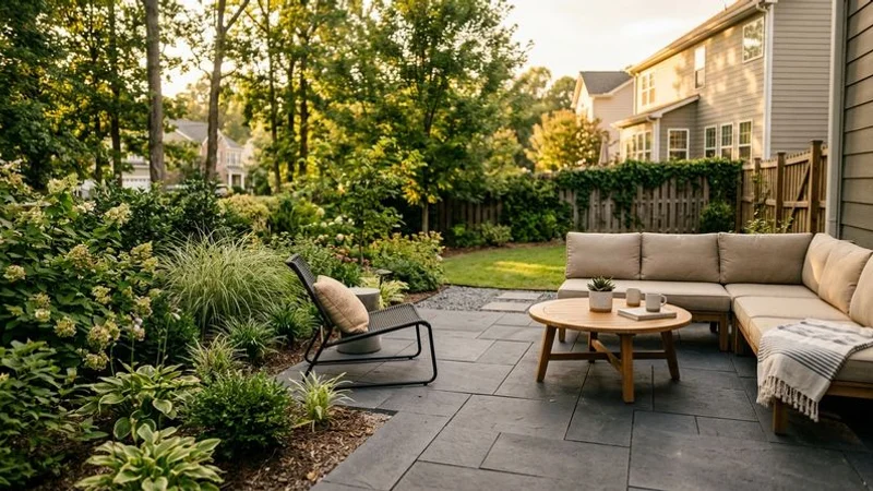 Modern porcelain paver patio with clean lines and contemporary outdoor furniture in an upscale Raleigh neighborhood