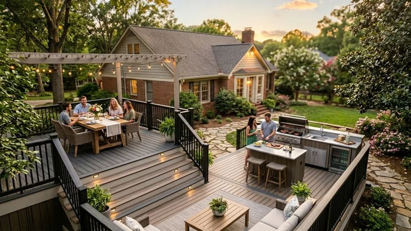 Aerial view of a multi-level composite deck with outdoor kitchen and dining area connected to Raleigh home