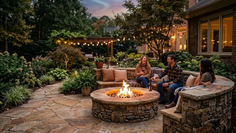 Elegant natural stone patio with fire pit and seating wall surrounded by mature landscaping