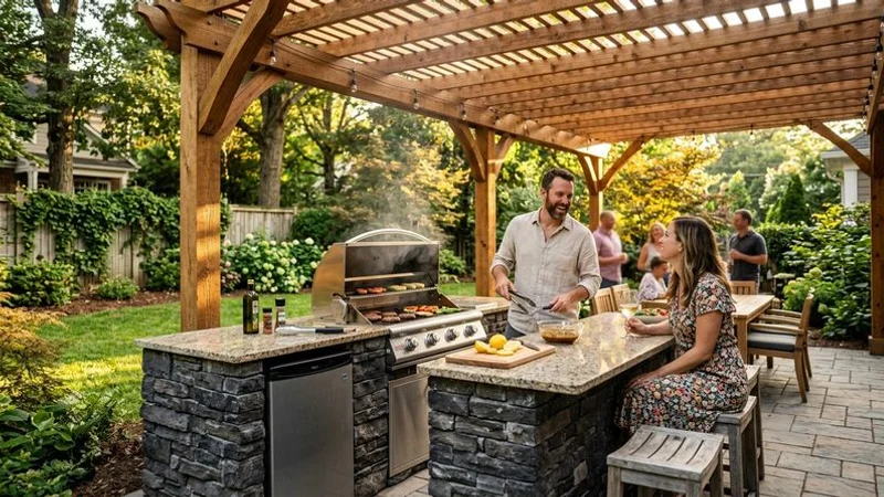 Outdoor kitchen with stone base and stainless steel grill on a paver patio with covered pergola in Raleigh backyard