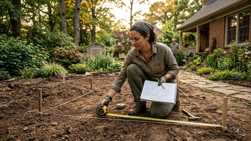 Landscape architect reviewing patio design plans with homeowner in a Raleigh backyard showing proposed layout markings