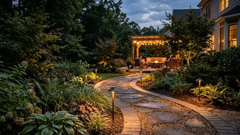 Smart outdoor lighting control panel and LED path lights along a Raleigh garden walkway with warm ambient glow
