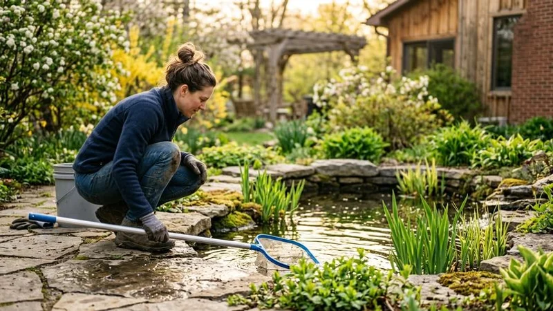 Homeowner performing spring maintenance on a backyard water feature with natural stone and clear flowing water