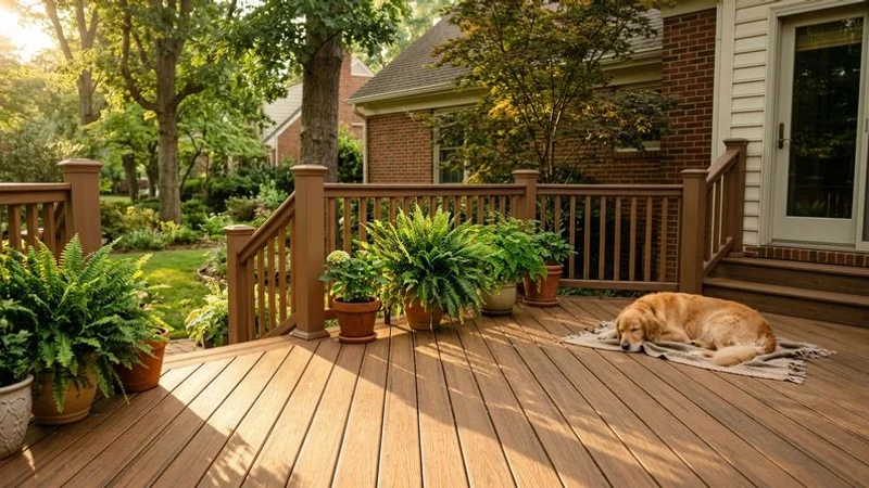 Installed TimberTech composite deck with matching railing system showing warm brown tones against Raleigh home exterior